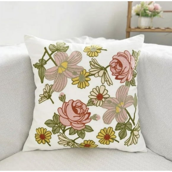 Funda Cojín Bordada 45x45 Cm Floral Rosa