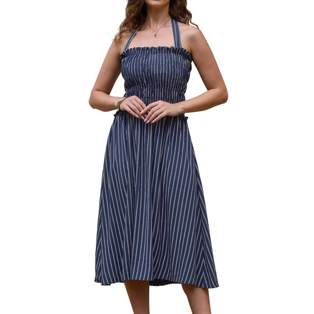 INSPIRE CHIC Vestido Midi de Mujer con Cuello Halter Verano Cintura Fruncida Vestido de Rayas para Playa y Vacaciones Talla L Azul Oscuro
