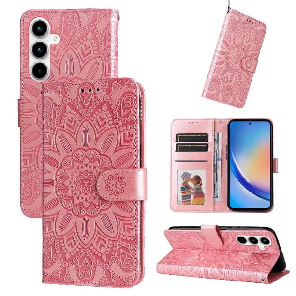 Funda tipo cartera FOXDOCK para Samsung Galaxy A35 , diseño girasol en relieve, cuero PU, cierre magnético, soporte y tarjetero
