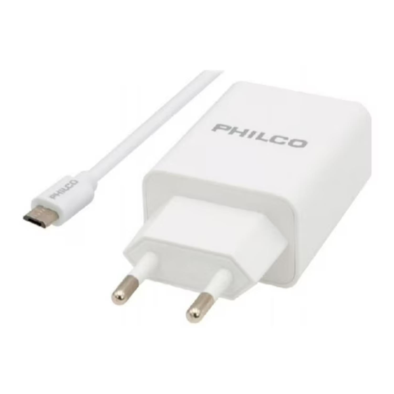 Philco - Cargador De Pared 2 Usb 2.1a Cable Micro Usb Blanco