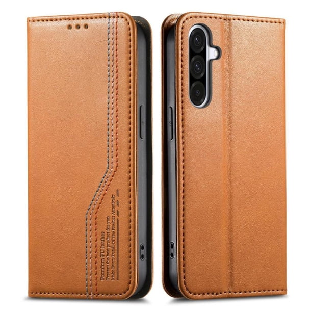 Funda tipo cartera para Samsung Galaxy A26 de piel con cierre magnético, ranuras para tarjetas y correa para la muñeca Marrón