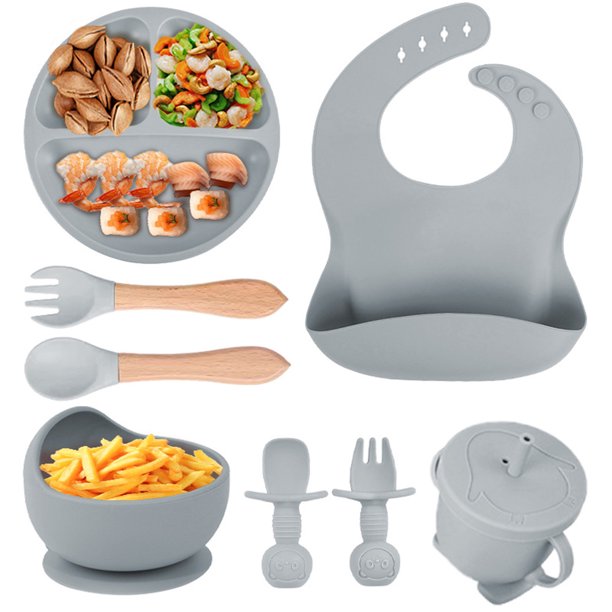Vajilla Para Bebés De Silicona, Juego De 8 Suplementos Para Bebés, Vajilla Para Bebés Con Ventosas, Babero Ajustable, Sin Bpa, Seguridad Alimentaria, Muy Adecuada Para Regalos Para Bebés