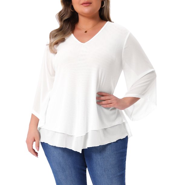 Agnes Orinda Conjuntos de Halloween Tallas Grandes Camisa Escolar Universitaria para Mujeres Manga 3/4 Acampanada Cuello en V Blusa de Doble Capa de Chifón Talla 2X Blanca