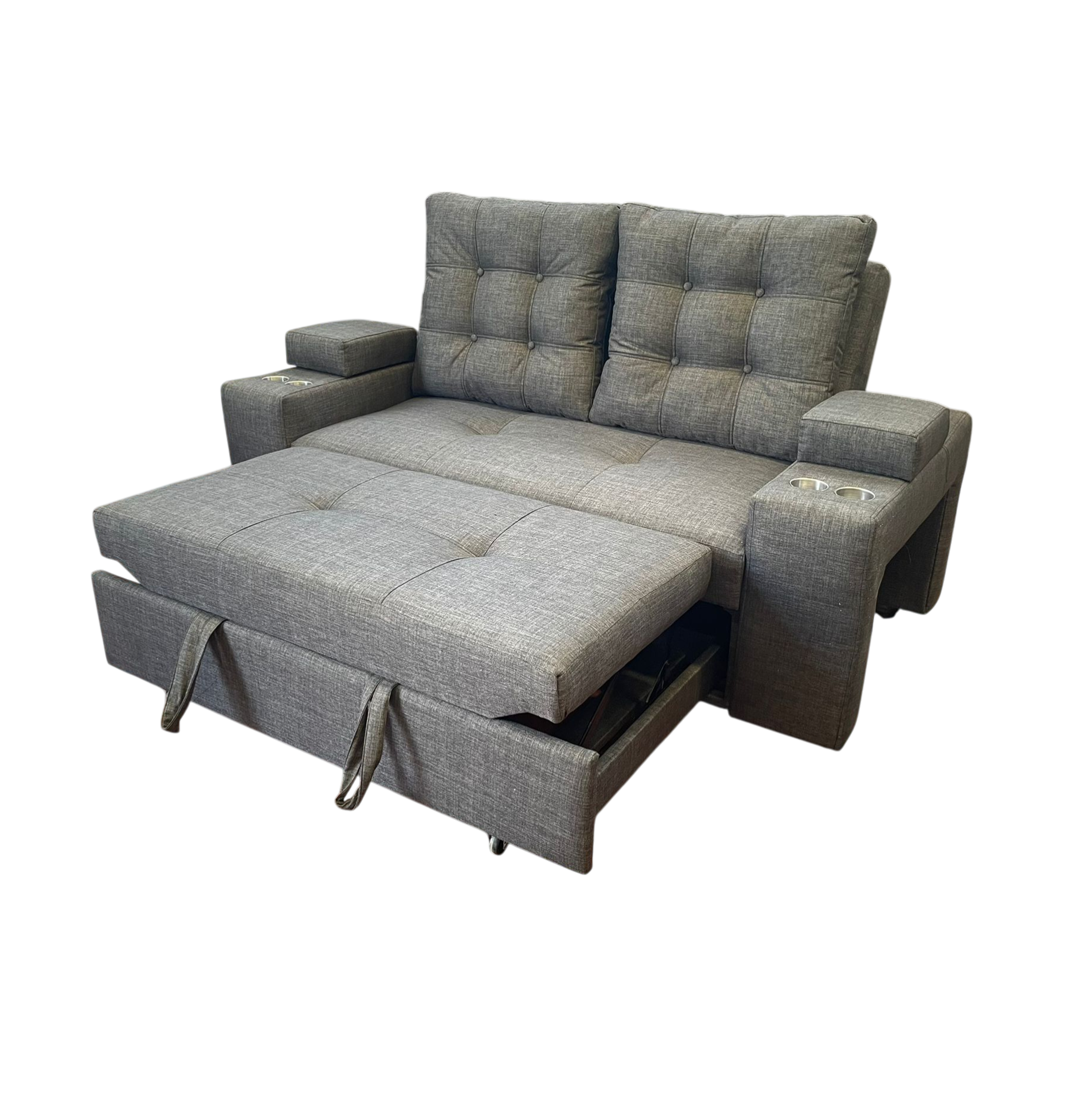 Camila Home - Sofá Cama Confort Plus 2 Plazas Lino Gris Oscuro Reclinable Con Baúl Y Cojines