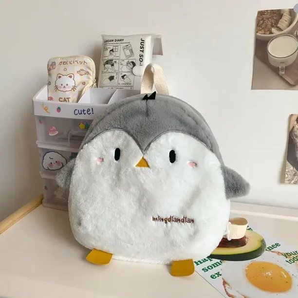 Kawaii Soft Plush Backpack Women Cute Penguin Mini Backpack School Bags For Teenage Girls Warm Faux Fur Bags Mochilas Femininas