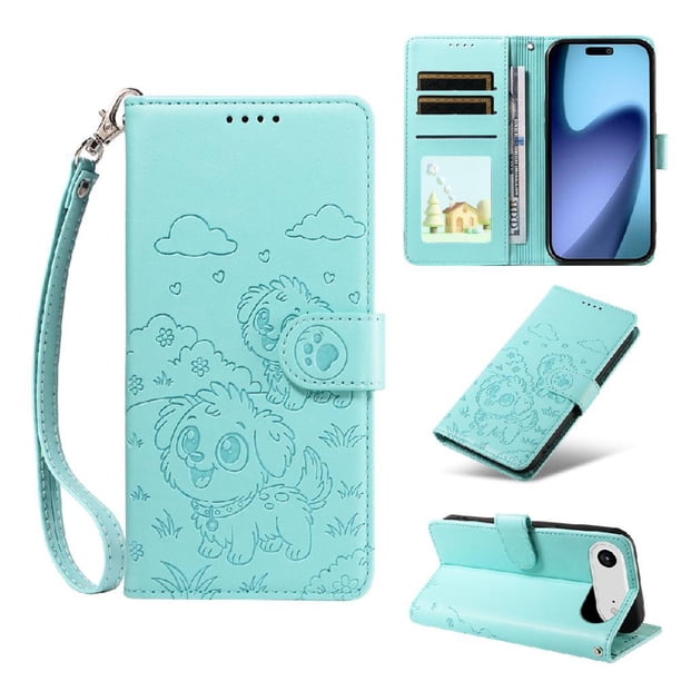 Funda Cartera para iPhone 17 Air Perro Cachorro Grabado con Tarjetas Soporte Correa Verde