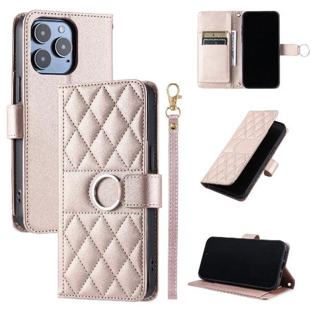 Funda Acolchada con Anilla y Correa para iPhone 16 Pro Max Slots para Tarjetas Oro rosa