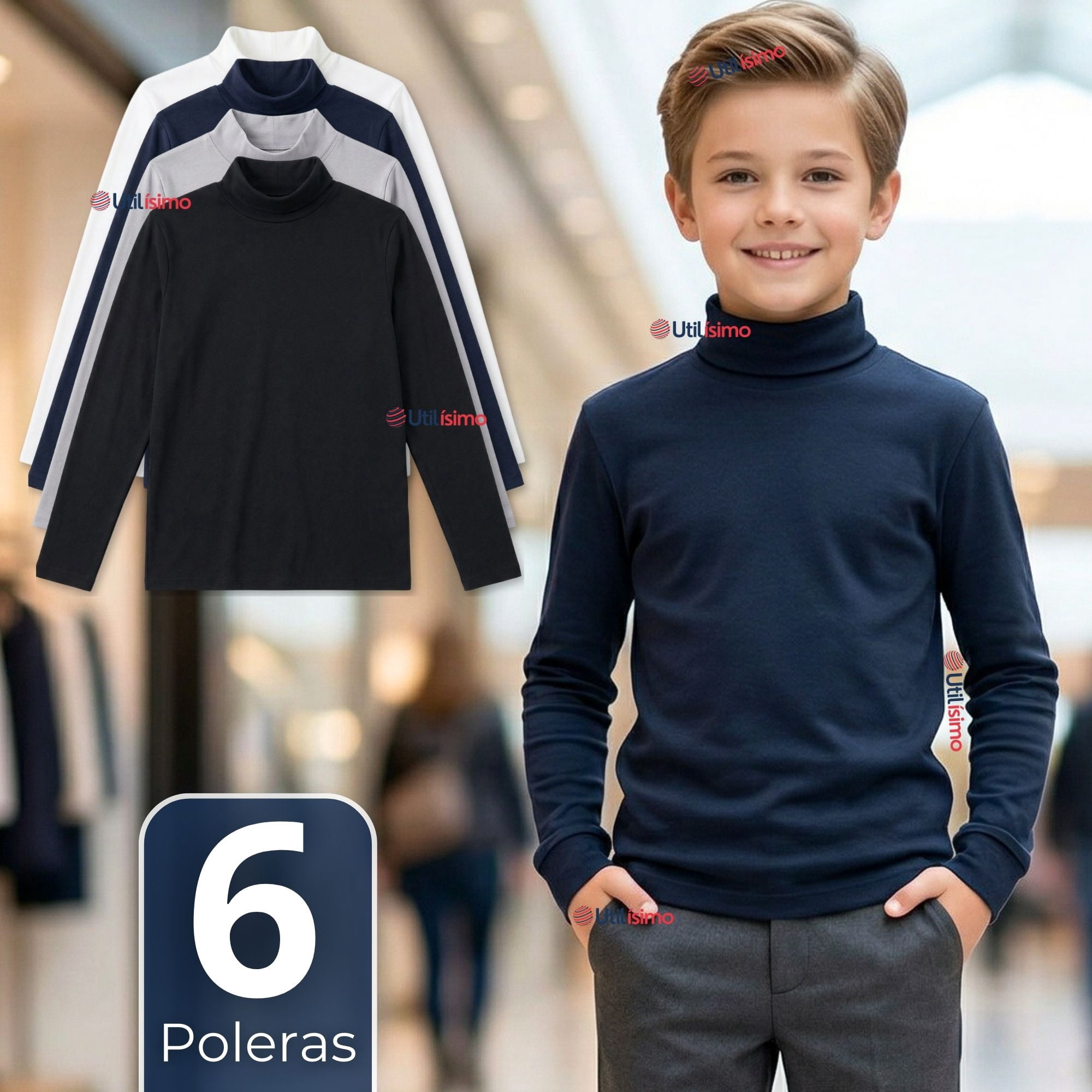 Utilisimo - Pack 6 Poleras Camisetas Polar Primera Capa Beatle Manga Larga Colores Surtido Niño