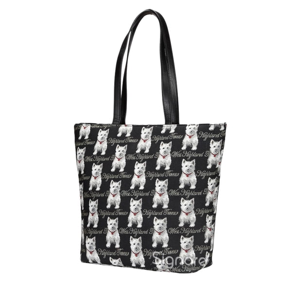Bolso de hombro Signare Tapestry Tote en blanco y negro Westie Dog