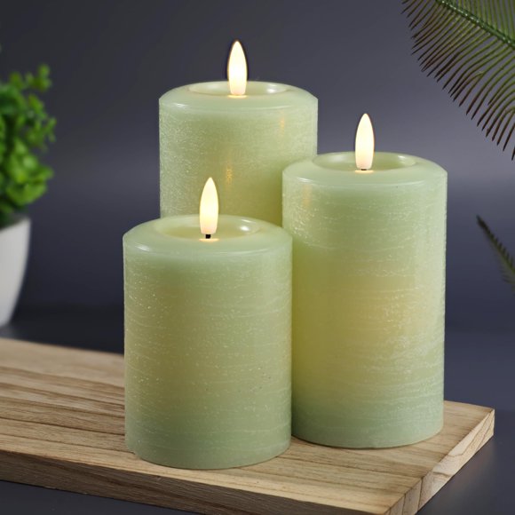 Pack de 3 velas LED LumiPur verde salvia (8 cm‑13 cm)