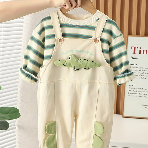 Toy Crocodile Decor Boy's 2pcs, Overalls & Stripe Pattern Sweatshirt Set, HAPPY CROCODILE Print Trendy Outfits, Kids Clothes For Spring Fall