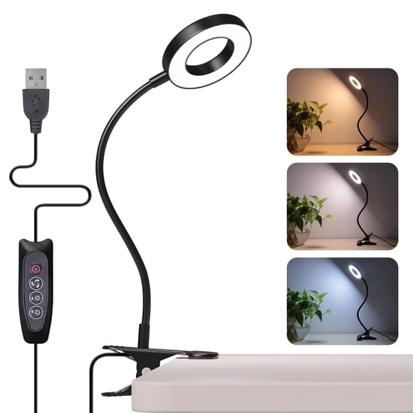 Lámpara de escritorio Foneso Clip on Light, 48 LED USB, 3 modos de color, negro