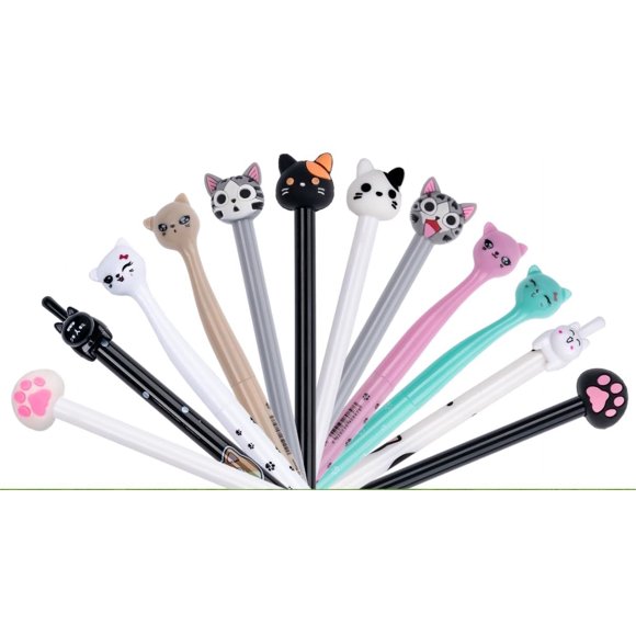 Juego de 12 estilos de bolígrafos de gel RECHENG Cute Cat, tinta negra, 0,5 mm