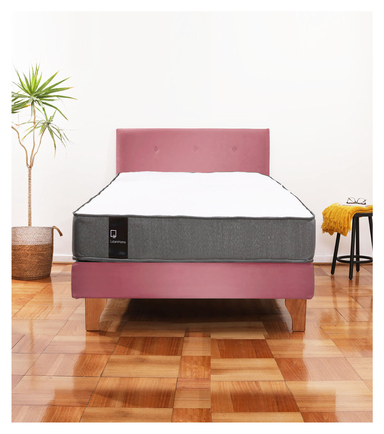 Latam Home - Cama Europea Zen Best 1.5 Plaza Colchon Resortes Base Dividida + Respaldo Tela Palo Rosa