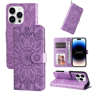 Funda Tipo Cartera Foxdock Para Iphone 15 Pro , Diseño Girasol En Relieve, Cuero Pu, Cierre Magnético, Soporte Y Tarjetero