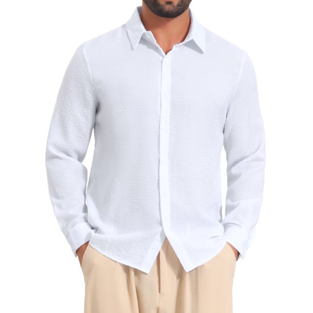 INSPIRE CHIC Camisa de Hombre de Seersucker a Rayas de Manga Larga con Botones y Textura S Blanca