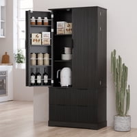 M&Ms - 72"" Modern Fluted Kitchen Pantry Cabinet With 2 Large Drawers & 8-Door Spice Rack, Freestanding Storage Organizer For Bathroom, Dining Room, Office, Entryway, Black