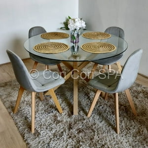 Coricori - Comedor Mesa Vidrio D100 + 4 Sillas Capitonne Velvet Gris