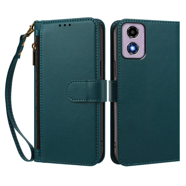 Funda Tipo Billetera para Motorola Moto E14 4G con Soporte y Bolsillo con Cierre Verde