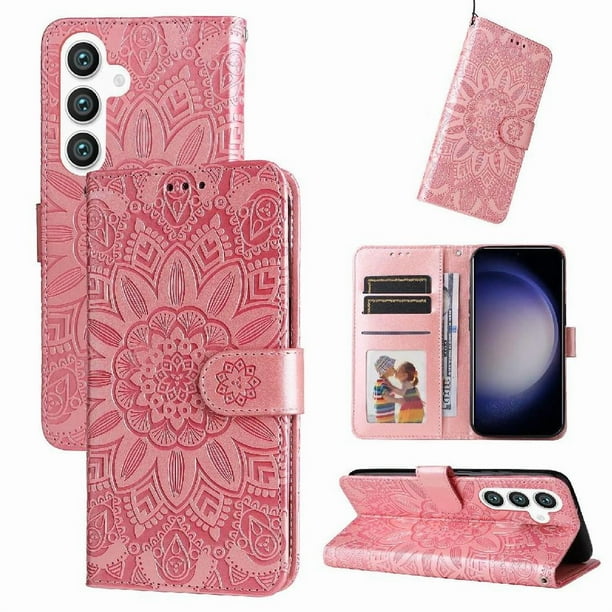 Funda tipo cartera FOXDOCK para Samsung Galaxy S24 , diseño girasol en relieve, cuero PU, cierre magnético, soporte y tarjetero