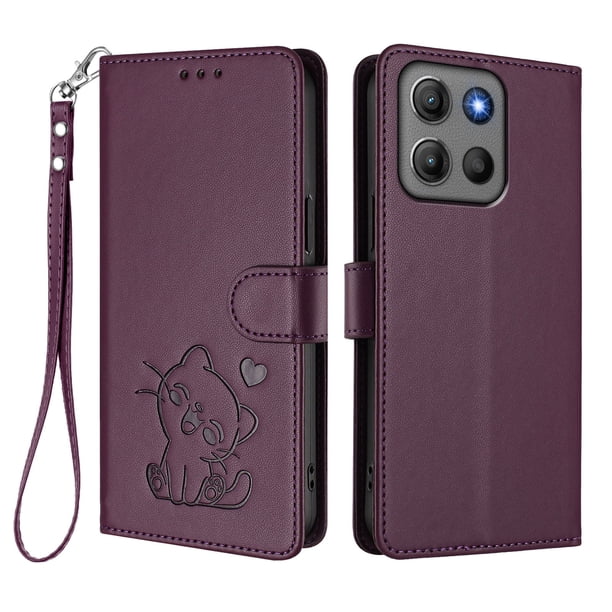 Motorola MOTO G15/G15 Power Funda Billetera de Gato, Morado Oscuro
