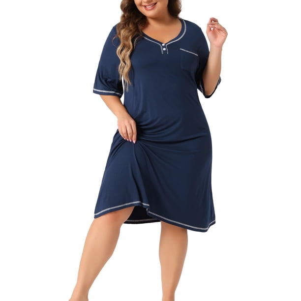 Agnes Orinda Camisones de Dormir para Mujer Talla Grande de Escuela Colegio Cuello en V Manga Corta Sueltos con Botones Decorativos Pijamas Casuales 2X Azul Marino