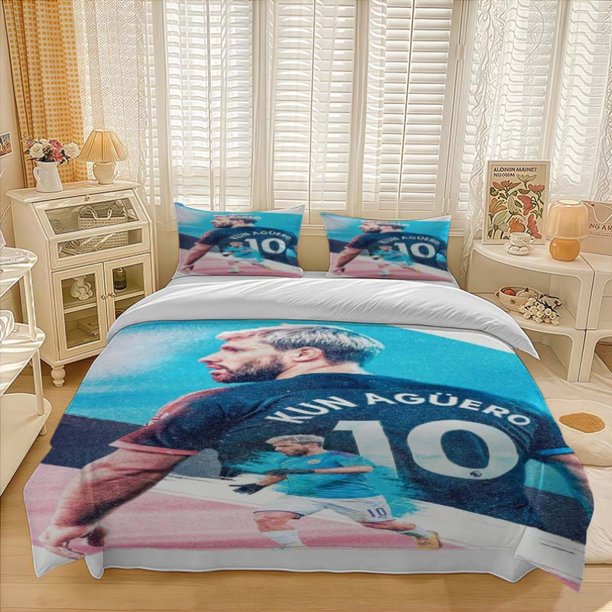 3pcs Aguero Wearing Number 10 Jersey on The Field Heroic Theme Bedding Three-Piece Set Duvet Cover Pillowcase Set Soft