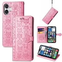 Funda Cartera Foxdock Para Iphone 16 Plus , Flip Pu Con Relieve De Gatos Y Perros, Tarjetero Y Soporte