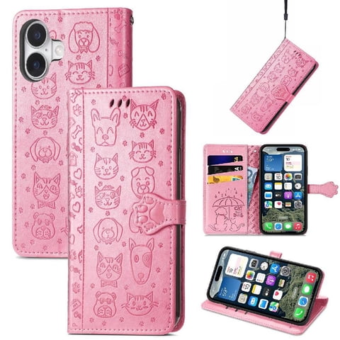 Funda Cartera Foxdock Para Iphone 16 Plus , Flip Pu Con Relieve De Gatos Y Perros, Tarjetero Y Soporte