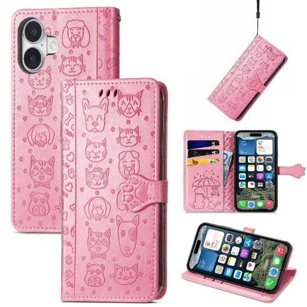 Funda Cartera FOXDOCK para iPhone 16 Plus , Flip PU con Relieve de Gatos y Perros, Tarjetero y Soporte