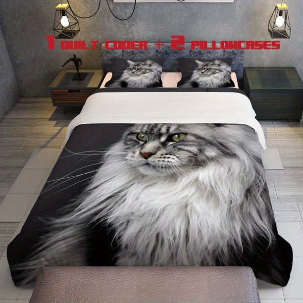 3pcs Maine Cat Themed Bedding Set Duvet Cover and Pillowcases