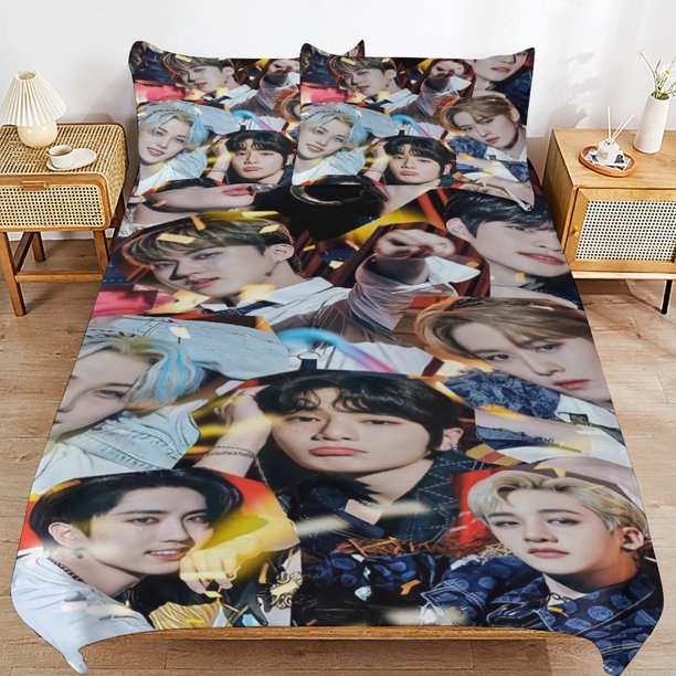 Stray Kids Bedding Set Duvet Cover Comfortable and Lightweight Cartoon Bedding 3 Piece Bed Set