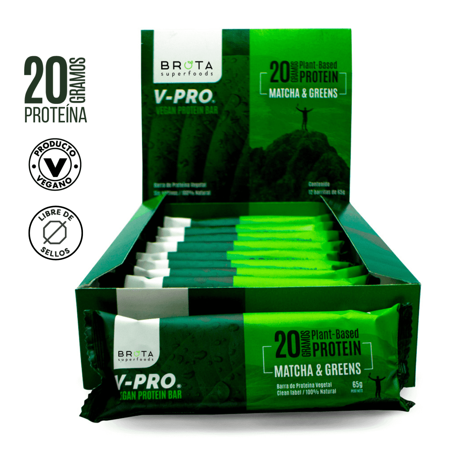 Brota Superfoods - Caja 12 Barritas De Proteína Veganas Matcha & Greens 65 G Brota