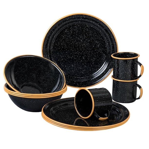 Granite Ware Juego de 12 Piezas para Exterior, Acero Esmaltado, Ideal para Camping y Picnic - Negro Moteado con Borde de Color
