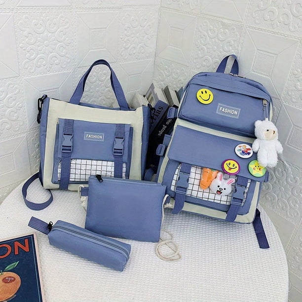 4pcs/set Simple Casual School Bag With Badges, Casual Canvas Backpack Tote Bag