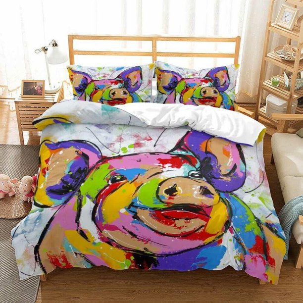 Oil Painting Pig Quilt Duvet Cover Set Bed Linen Soft Doona Cover Bedspread3-Piece Bedding Set
