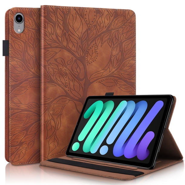 Funda con relieve del Árbol de la Vida para tablet ipad mini 6 con soporte, ranuras para tarjetas y soporte para lápiz óptico. Marrón