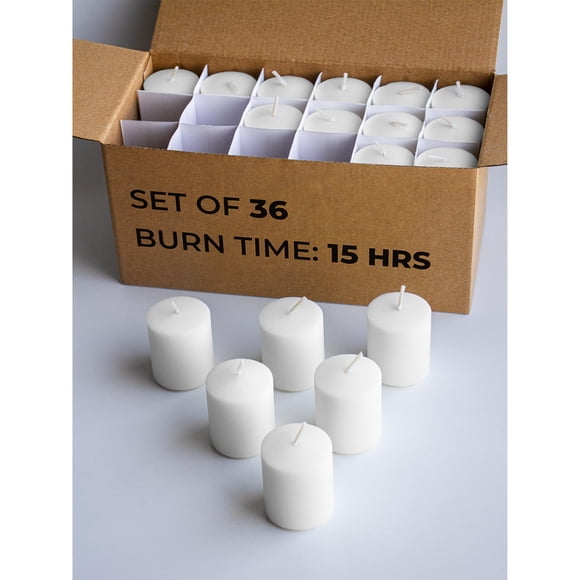Juego de 36 velas Votive Candwax, color blanco, sin perfume, 15 horas de combustión