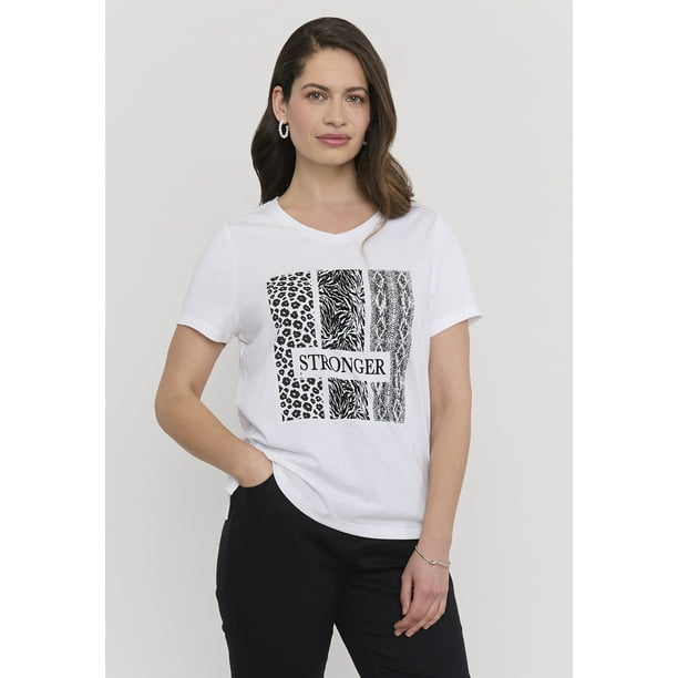 Polera Mujer M/C Focal Print Cuello V Ecru Corona