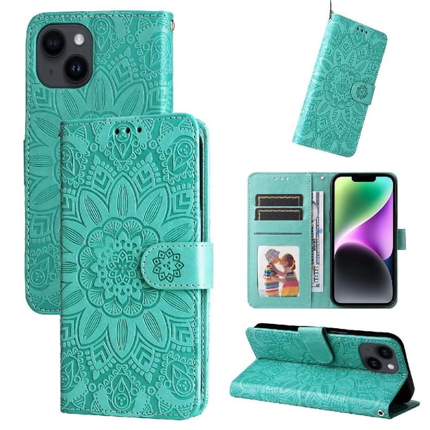 Funda tipo cartera FOXDOCK para iPhone 13 , diseño girasol en relieve, cuero PU, cierre magnético, soporte y tarjetero