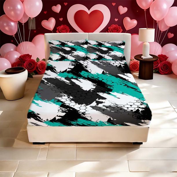 Splash Ink Geometric Pattern Printed Fitted Sheet and Pillowcase Set Soft Comfortable and Breathable for All Seasons an Essential for Bedroom or Dorm Decor an E