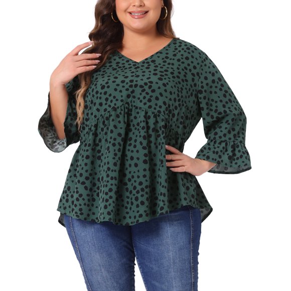 GRACIA Y GRANDEZA Disfraces de Halloween Blusas de Mujer Tallas Grandes Tops de Escuela Universitaria Lunares Cuello en V Mangas 3/4 Dobladillo Peplum Babydoll Blusas 2X Verde Oscuro