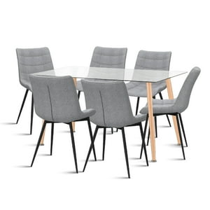 Klik Muebles - Mesa De Comedor Vidrio Rectangular 120X80 + 6 Silla Macron Terciopelo - Gris