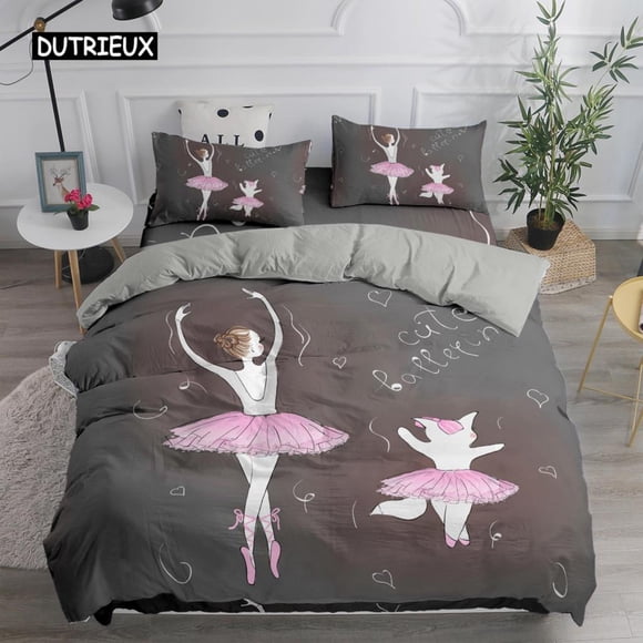 x2303 Bed SheetsBallet Dancing Girl Duvet Cover Cartoon Lovely Ballerinas Bedding Set Cute Princess Girls Quilt Cover for Children Kids Baby 3-Piece Bedding Set (1 Duvet Cover + 2 Pillow Shams) nj2303