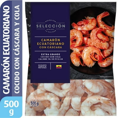 Camarón Ecuatoriano Extra Grande Con Cáscara Con Cola Cocido 500 G Selección