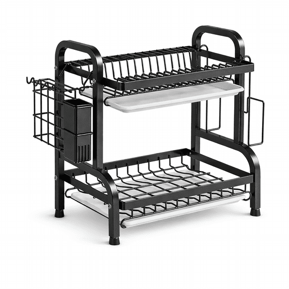 Escurridor de Loza 2 Niveles con Bandeja y Porta Cubiertos | Organizador de Cocina Metálico Negro 43x23x39 cm