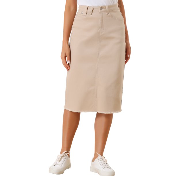 INSPIRE CHIC Falda de Mezclilla de Cintura Alta para Mujer Falda de Jean a la Rodilla con Dobladillo Deshilachado y Bolsillos Albaricoque XS