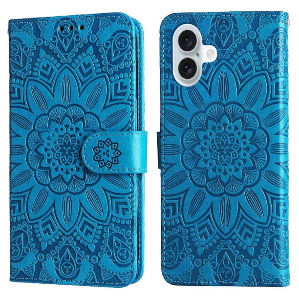 Funda tipo cartera FOXDOCK para iPhone 16 , diseño girasol en relieve, cuero PU, cierre magnético, soporte y tarjetero