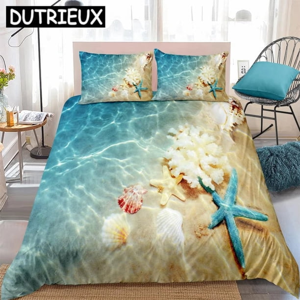 Ocean Bedding Set Coast Beach Duvet Cover Set Blue Starfish Bed Set Kids Teen Shell Home Textiles Summer Bedspread Quilt Cover