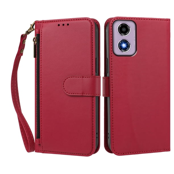 Funda Tipo Billetera para Motorola Moto E14 4G con Soporte y Bolsillo con Cierre Rojo